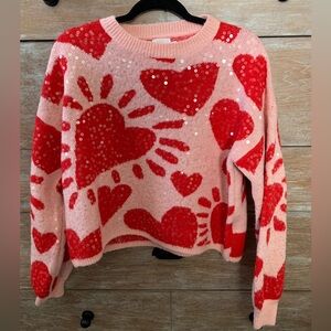 NWT Luna Ivy pink and red heart sweater with sequins accents